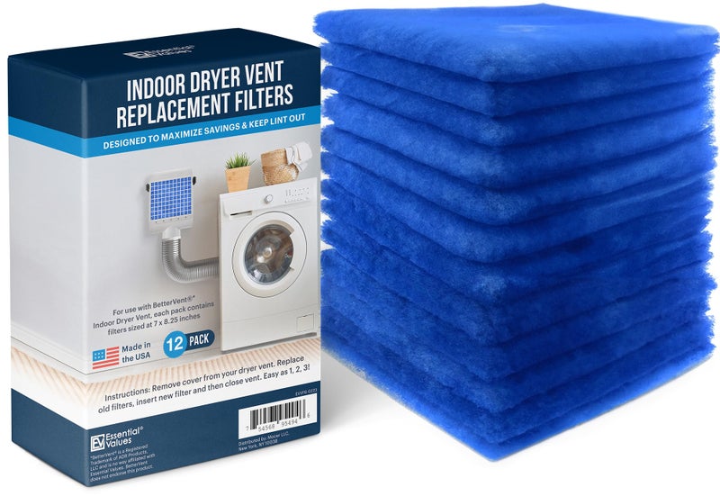 Essential Values 12 Pack Dryer Filter Replacement - Compatible with Better Vent Indoor Dryer Vent (60 Dryer Loads Total) - Image 1